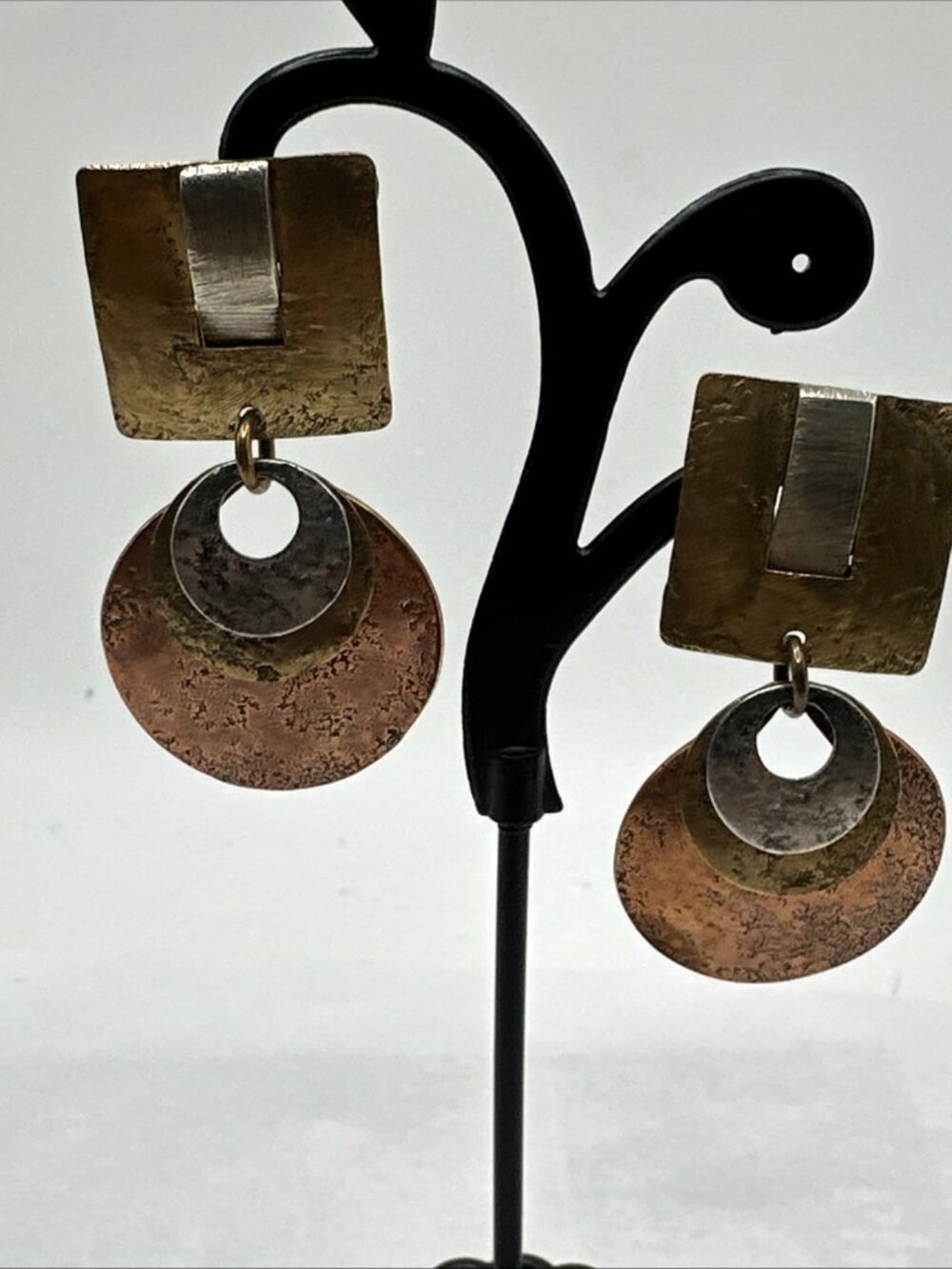 vintage Marjorie Baer mixed metal geometric dangle earrings. clip on 2”